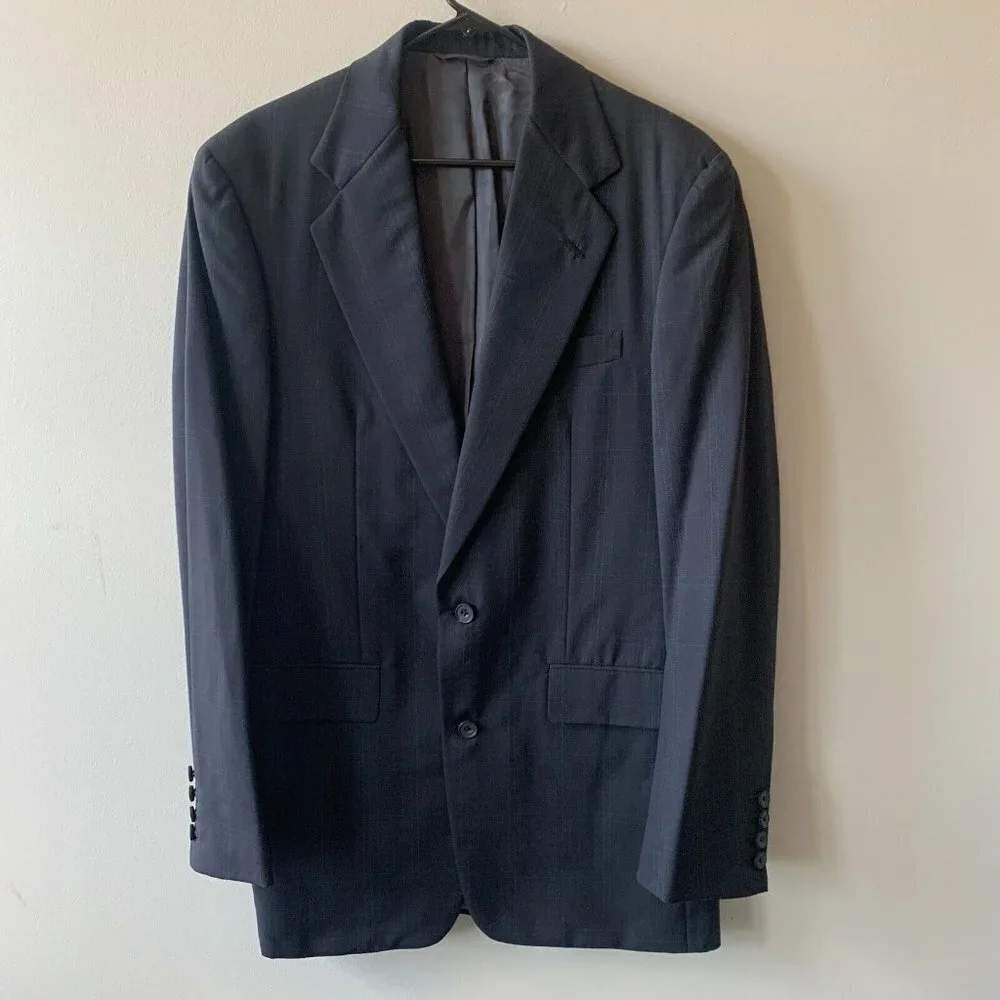 Norman Hilton Blazer Sport Coat‎ Men's 39L Wool Grey Plaid  Made in USA 2 Button